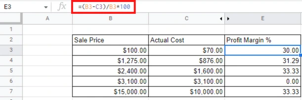 calculate profit margin using google sheets