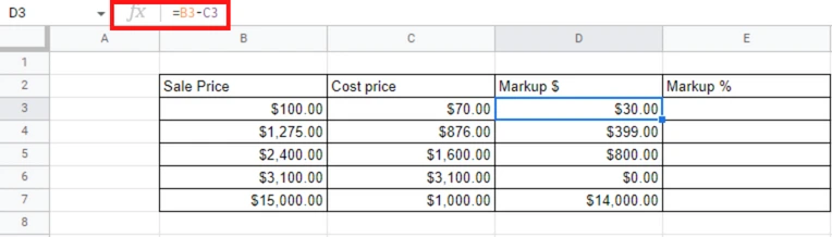 markup in dollar value using google sheets