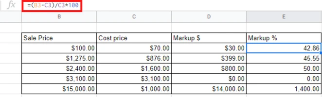 markup in percentage using google sheets