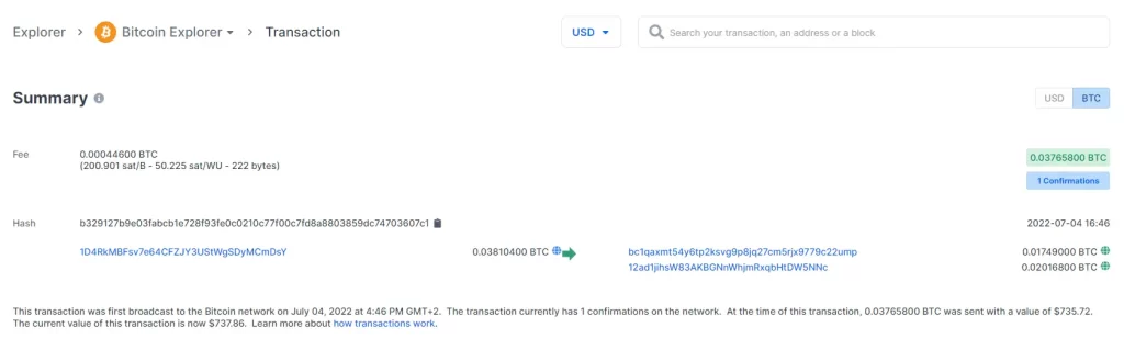 Bitcoin transaction has 1 confirmation