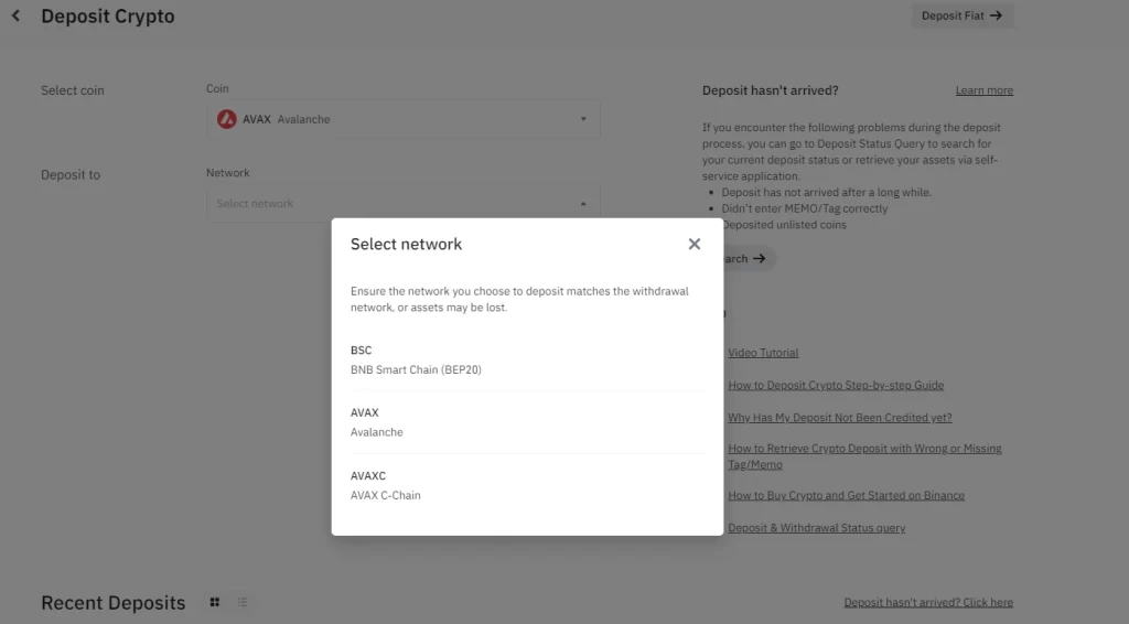 Binance select network to deposit AVAX