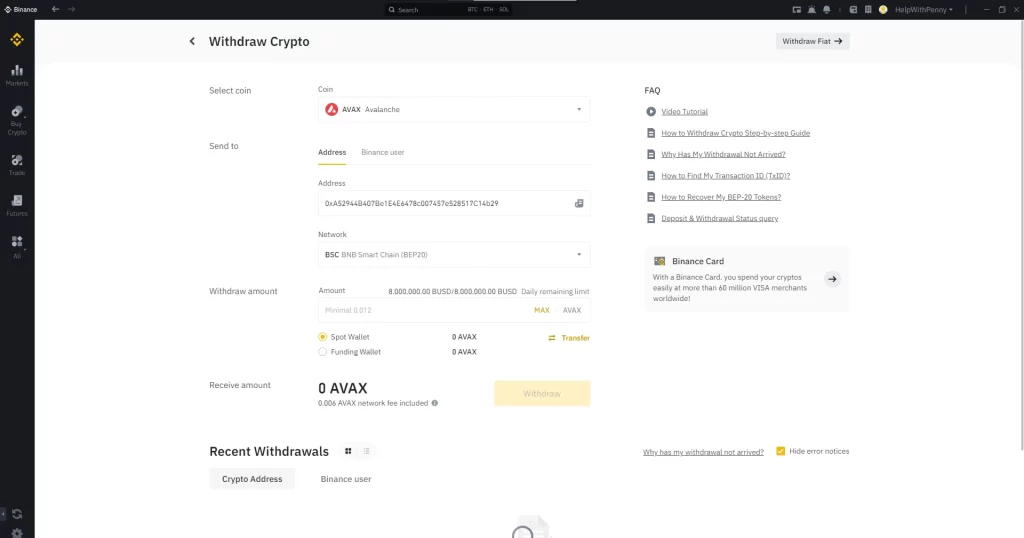 Select withdraw amount of AVAX to send to Metamask