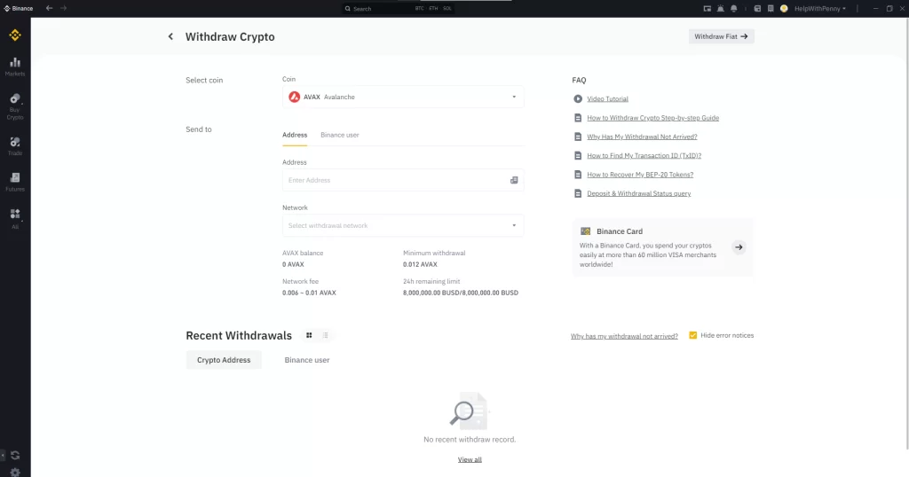 How to withdraw AVAX from Binance to Metamask