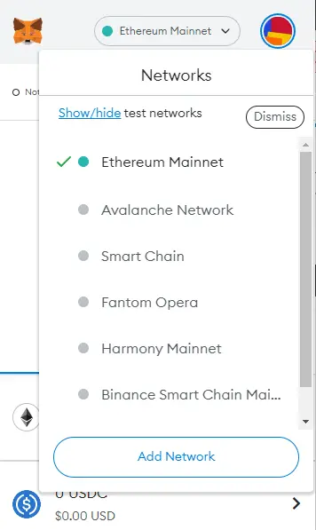 Metamask select the right network