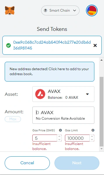 Send AVAX from Metamask to Binance