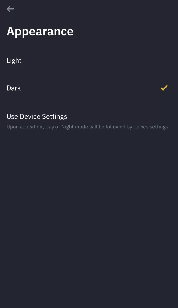 Binance mobile app is in dark mode