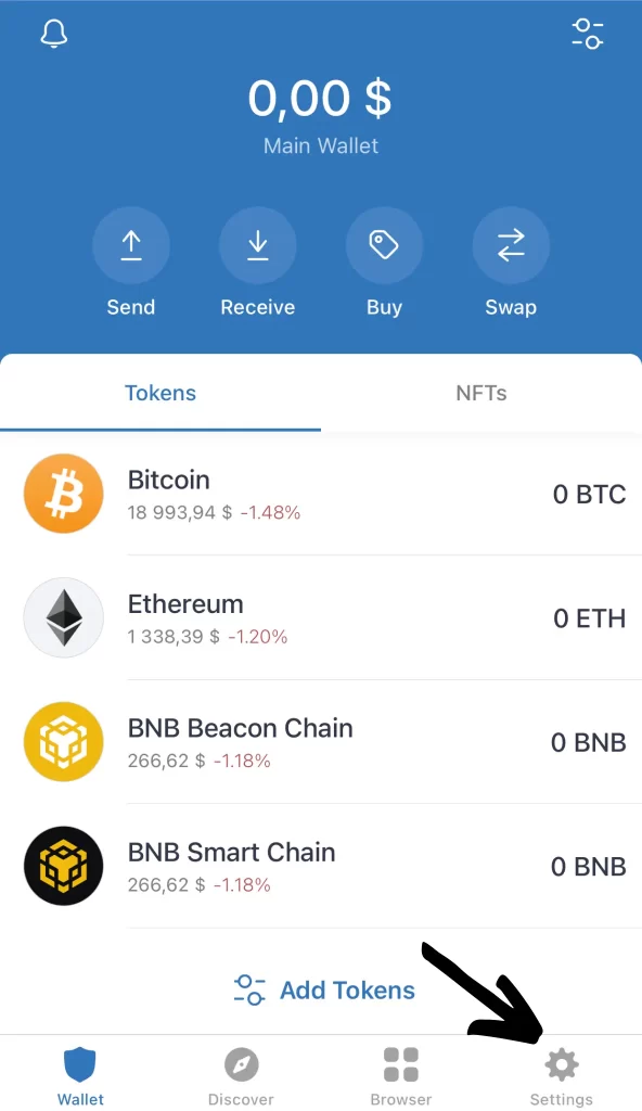 Click on Settings in Trust Wallet