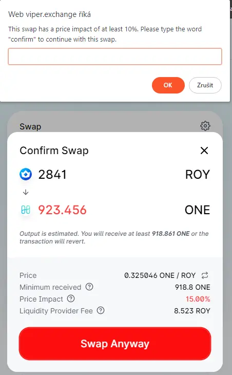 Confirm the price impact too high on Viper Swap