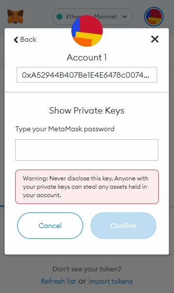 Confirm your password to export your private keys from metamask