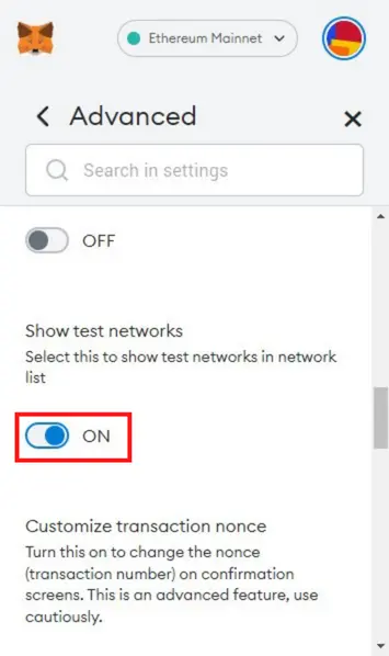 How to show test networks in metamask