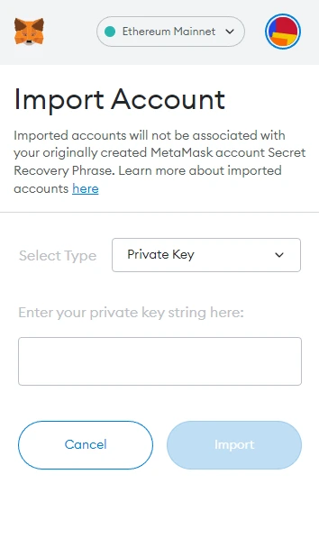 Metamask Import account using Private key