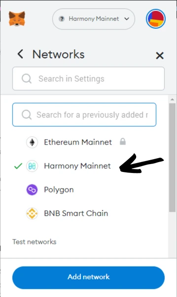 Select Harmony Mainnet in the network settings