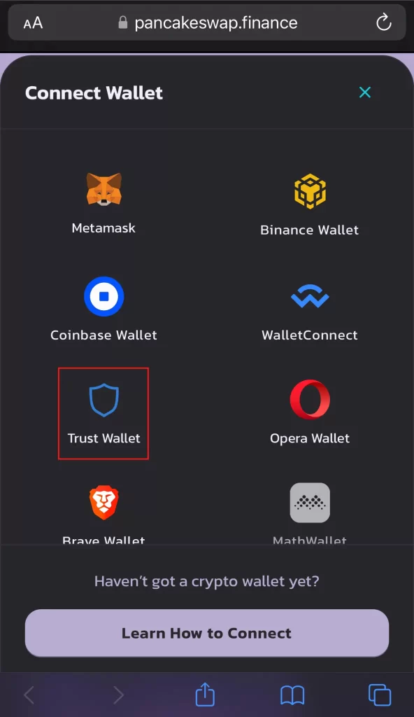 Select Trust Wallet from the list of possible connections