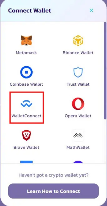 Select WalletConnect to connect your Trust Wallet