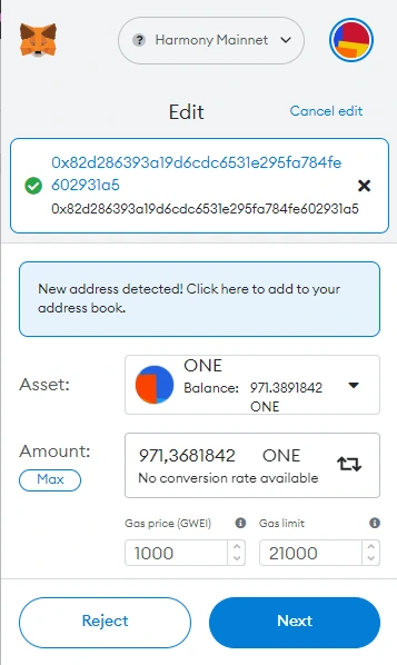 Select the amount of ONE you want to send from Metamask