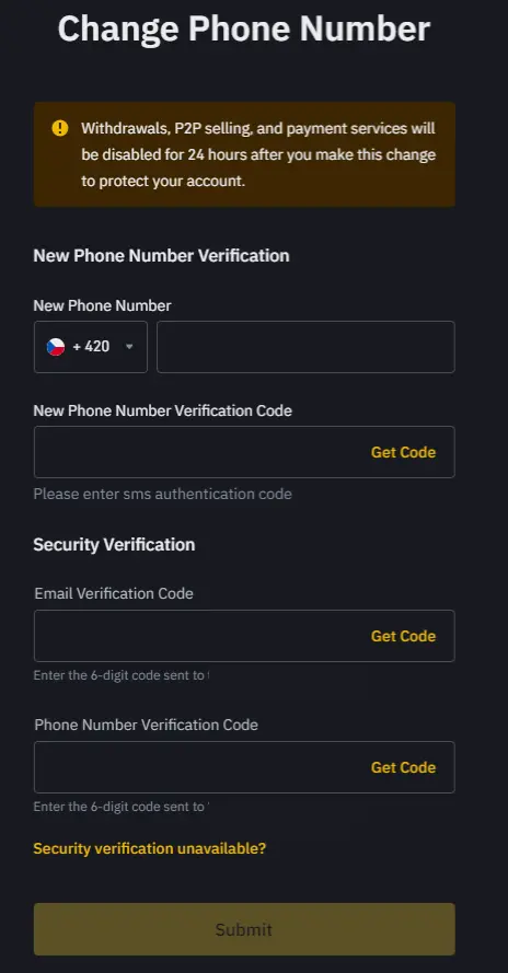Binance enter your new phone number