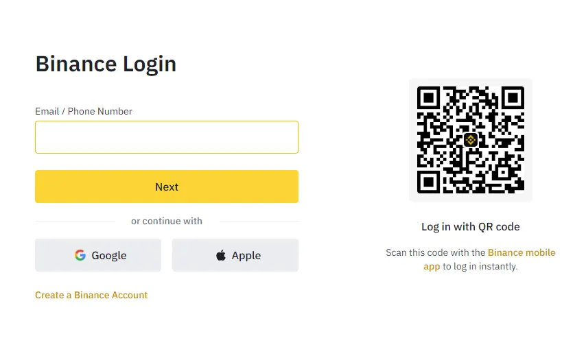 Binance log in with QR code