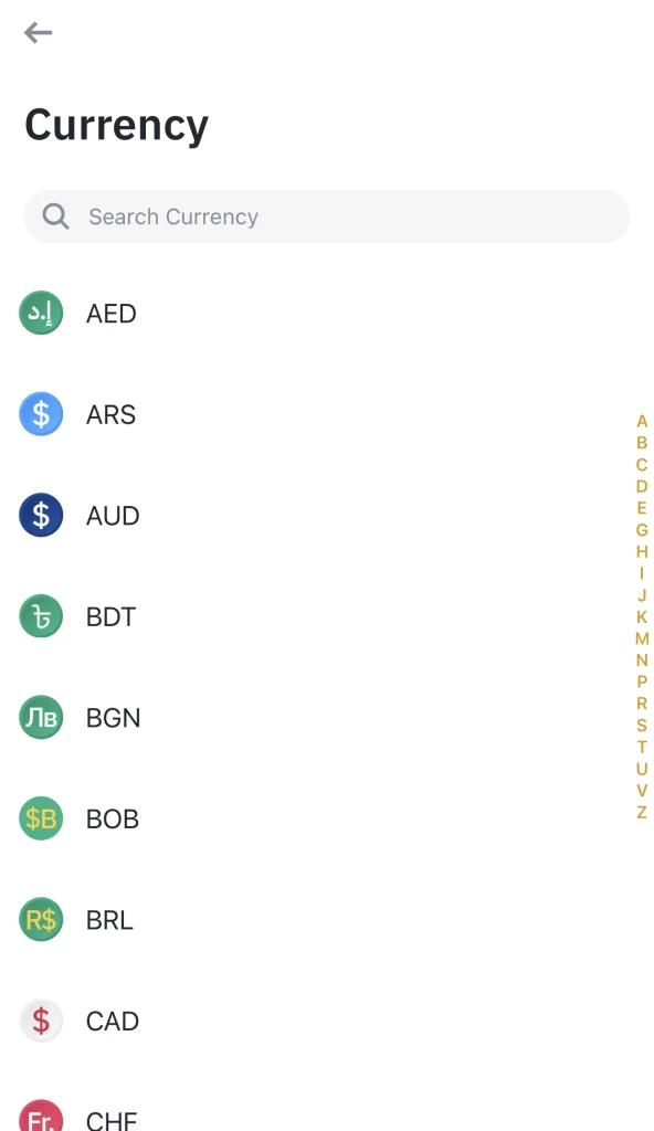 Choose currency you want in Binance Mobile