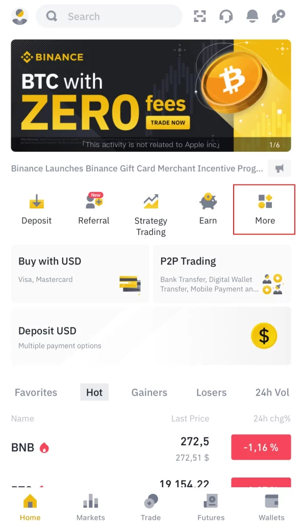 Tap on More in binance mobile
