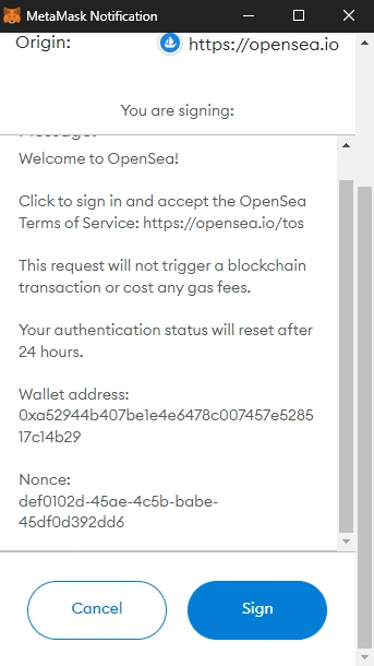 Sign the connection of MetaMask to OpenSea
