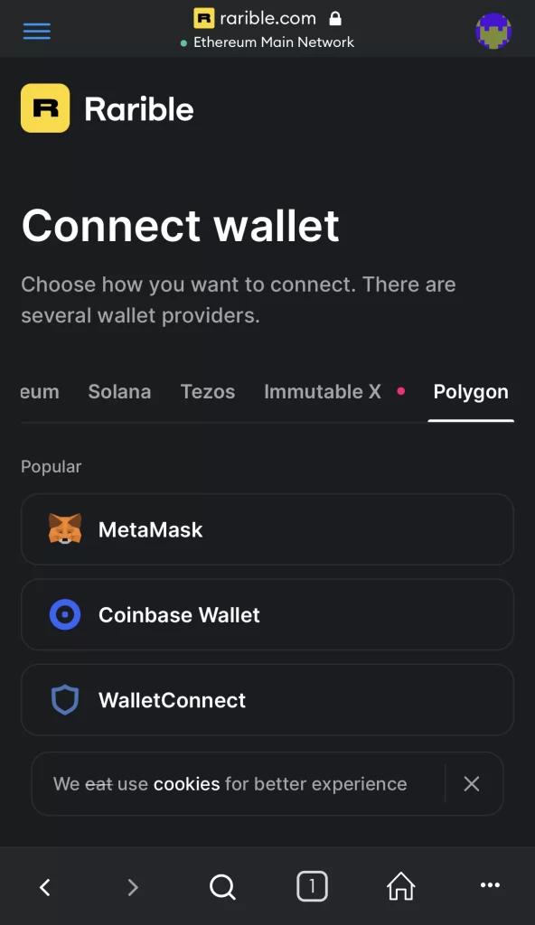 Select Metamask from connection list on Rarible