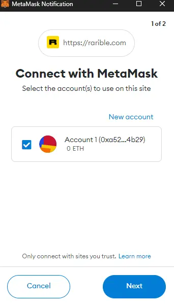 Select the right account to connect to rarible