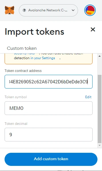 Add memo as a custom token to metamask