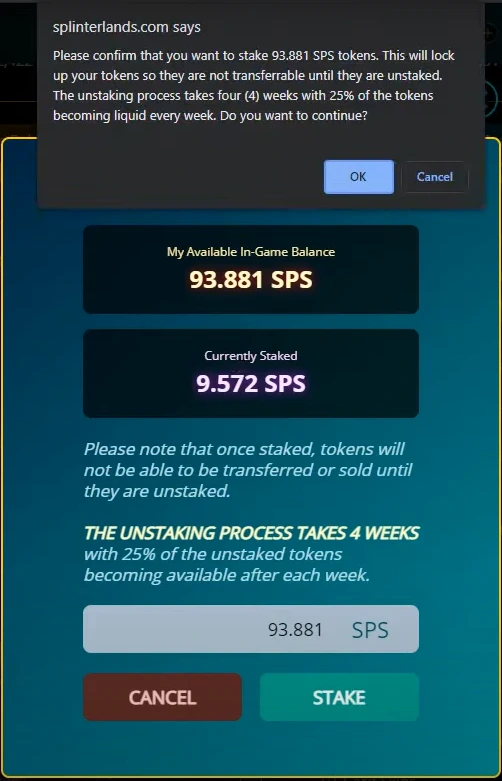 Confirm that you wish to stake your SPS tokens