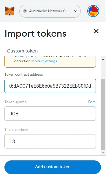 Import JOE as a custom token to metamask