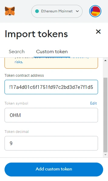 add ohm to metamask as a custom token