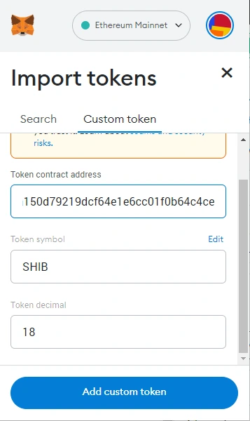 import shib as a custom token to metamask