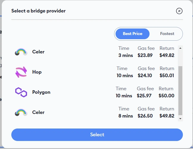 select a bridge provider in metamask
