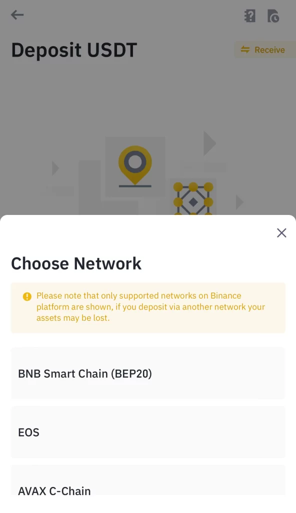 Select deposit network in binance app