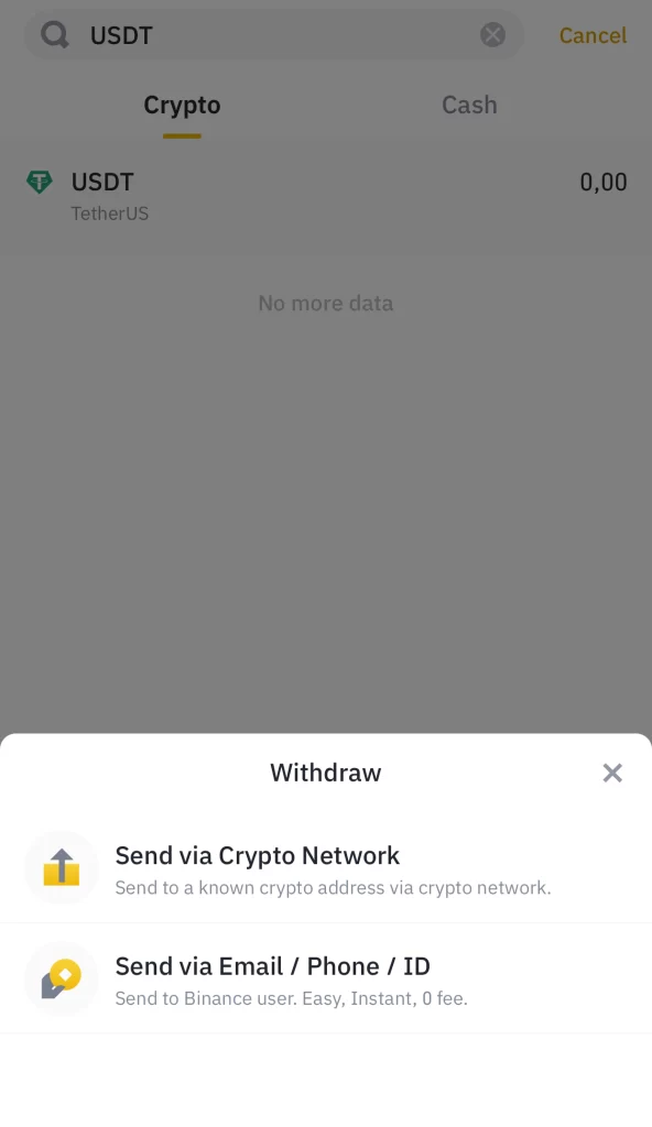 send via crypto network binance app