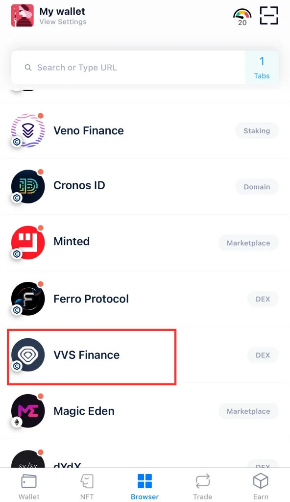 Access VVS finance on cryptocom defi wallet