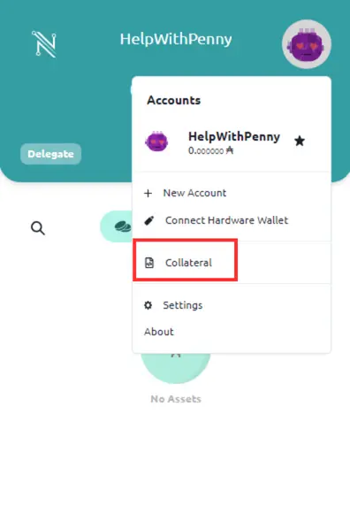 select collateral in nami wallet