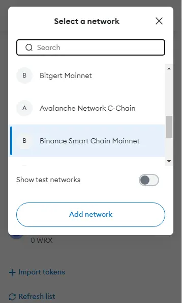 Binance smart chain selected in metamask