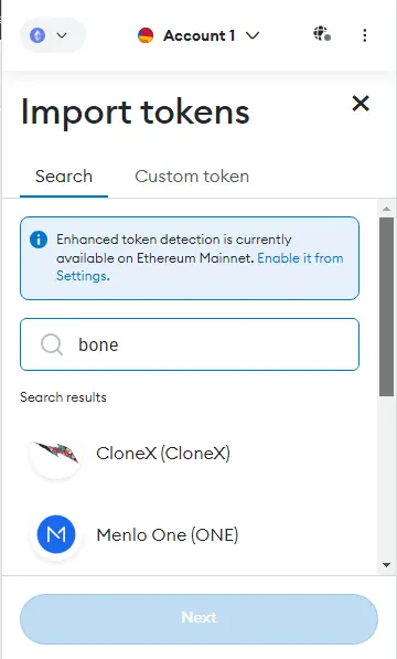 search for bone on metamask