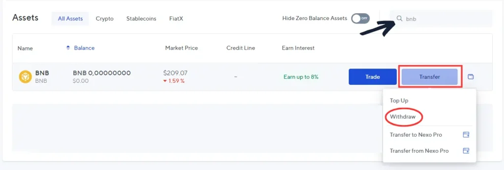 withdraw bnb from nexo
